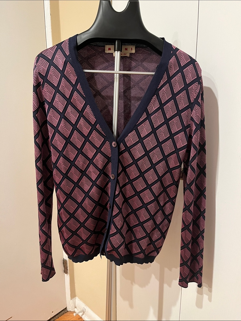 Marni Pink and Navy Diamond-Pattern V-Neck Cardigan Size 44